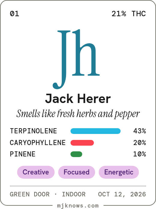The same card label in color: the letters in terpinolene blue, the terpene bars in their colors and the effects in lavender pills.