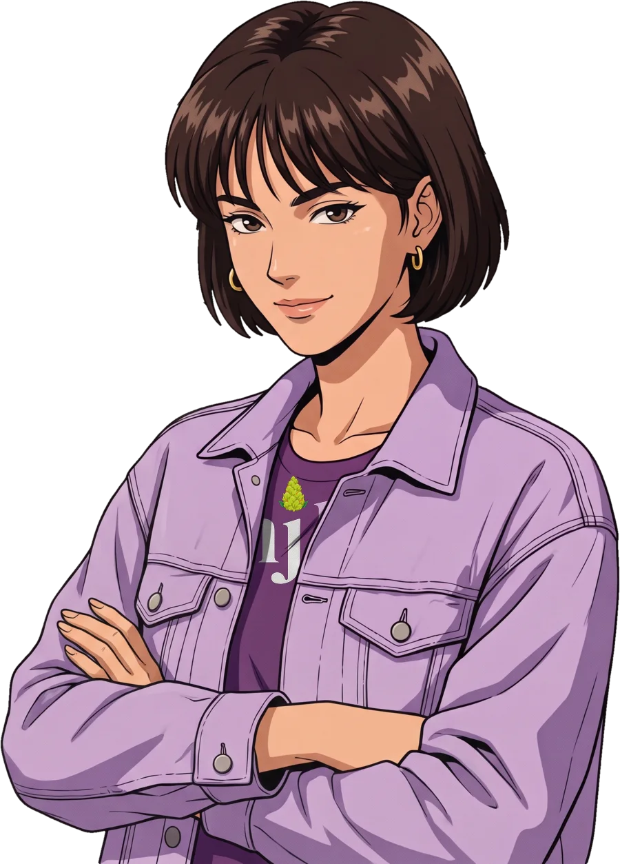 Mary with her arms crossed, relaxed, half smiling.